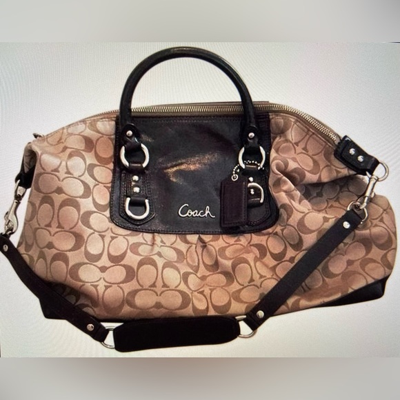 COACH Tan/Brown Ashley Signature Satin Satchel 2WAY Convertible Detachable Strap - Picture 5 of 14